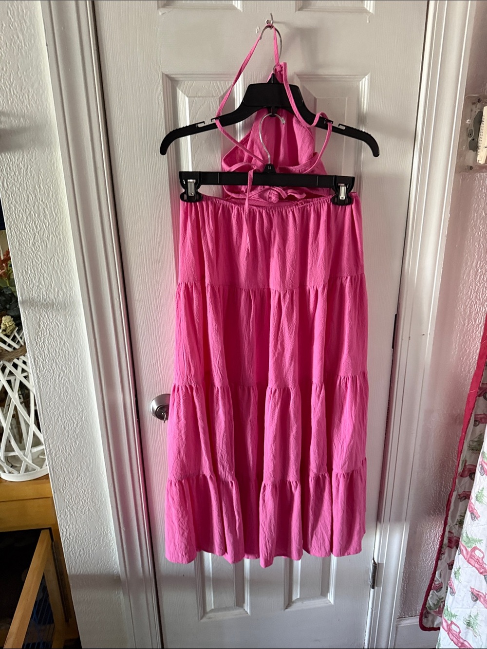 SHEIN Hot Pink Backless Halter Tiered Midi Dress - Picture 7 of 10
